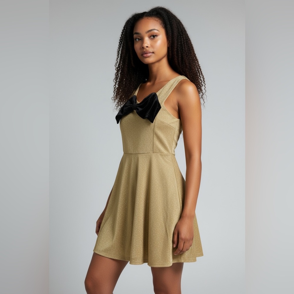 Zunie Sleeveless Gold Glitter Holiday Dress w/ Black Velvet Bow